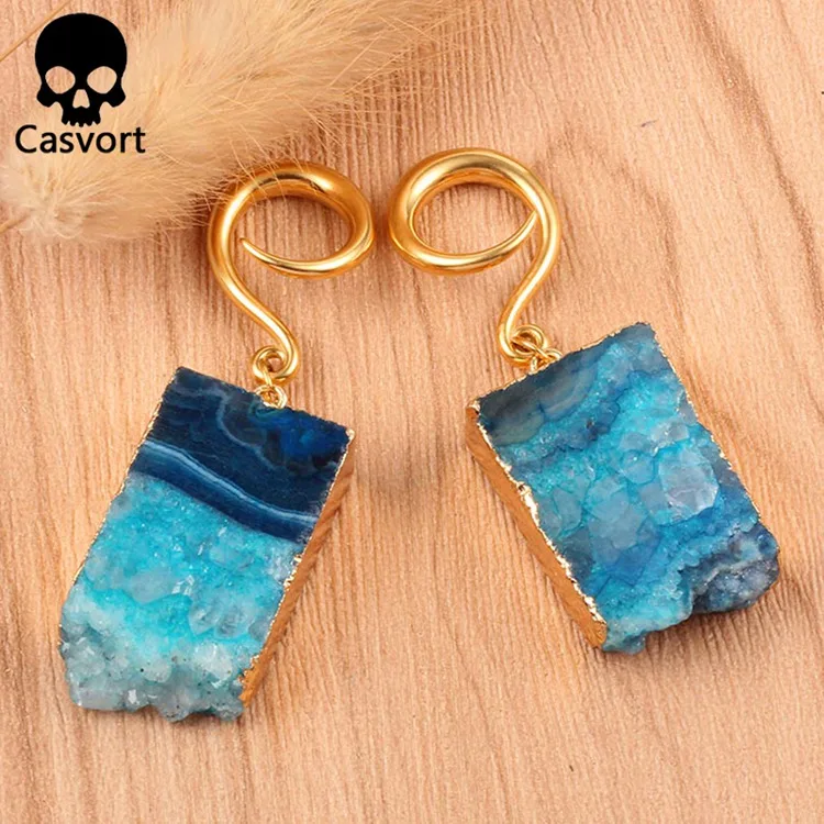Casvort 2 шт. неровные драгоценные камни болтаются беруши тоннель из нержавеющей стали золотые ушные крючки калибры для пирсинга