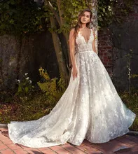 Eve of Milady A Line Wedding Dresses Deep V Neck Lace Appliques Backless Bridal Gowns Beach Plus Size Wedding Dress