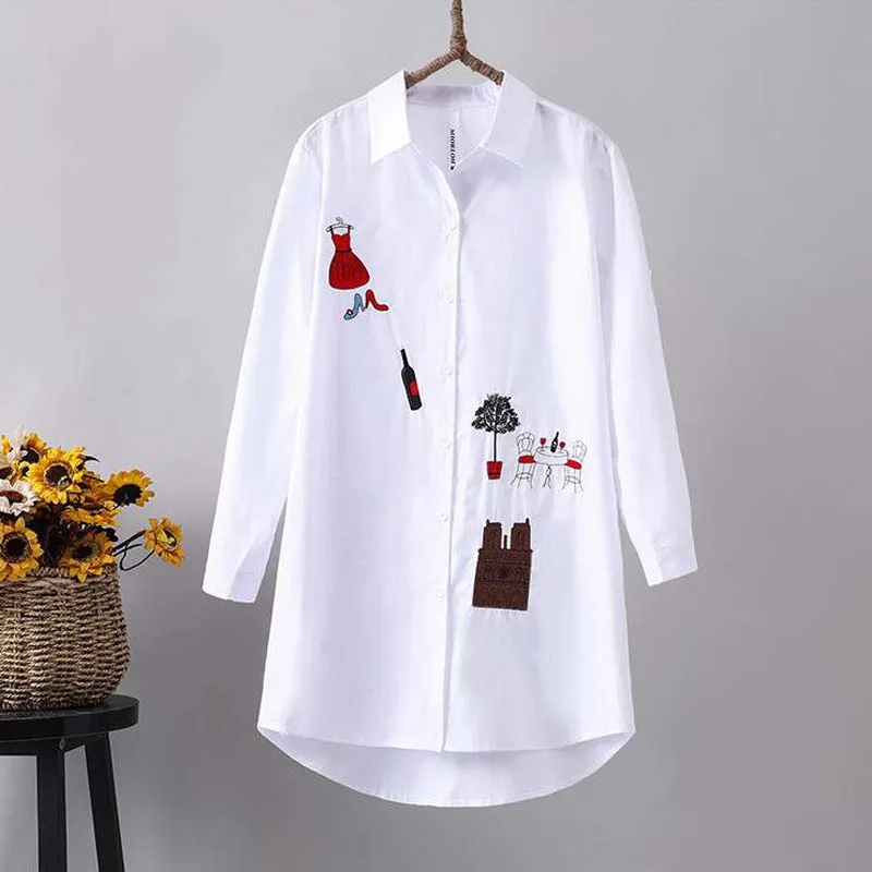 New Women White Shirt 100% cotton Casual Wear Button Up Turn Down Collar Long Sleeve Blouse Embroidery Feminina HOT Sale  F106