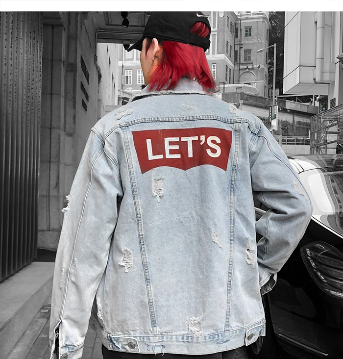 AELFRIC винтажные с буквенным принтом мужские джинсовые куртки Harajuku Хип Хоп с отверстиями и длинными рукавами модная уличная мужская верхняя одежда пальто