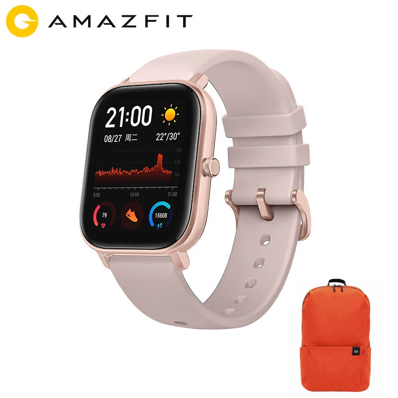 Глобальная версия, Новые смарт-часы Amazfit GTS, 5 АТМ, водонепроницаемые Смарт-часы, 14 дней работы от батареи, AMOLED Amazfit Bip, обновление - Цвет: GTS-Pink-bag