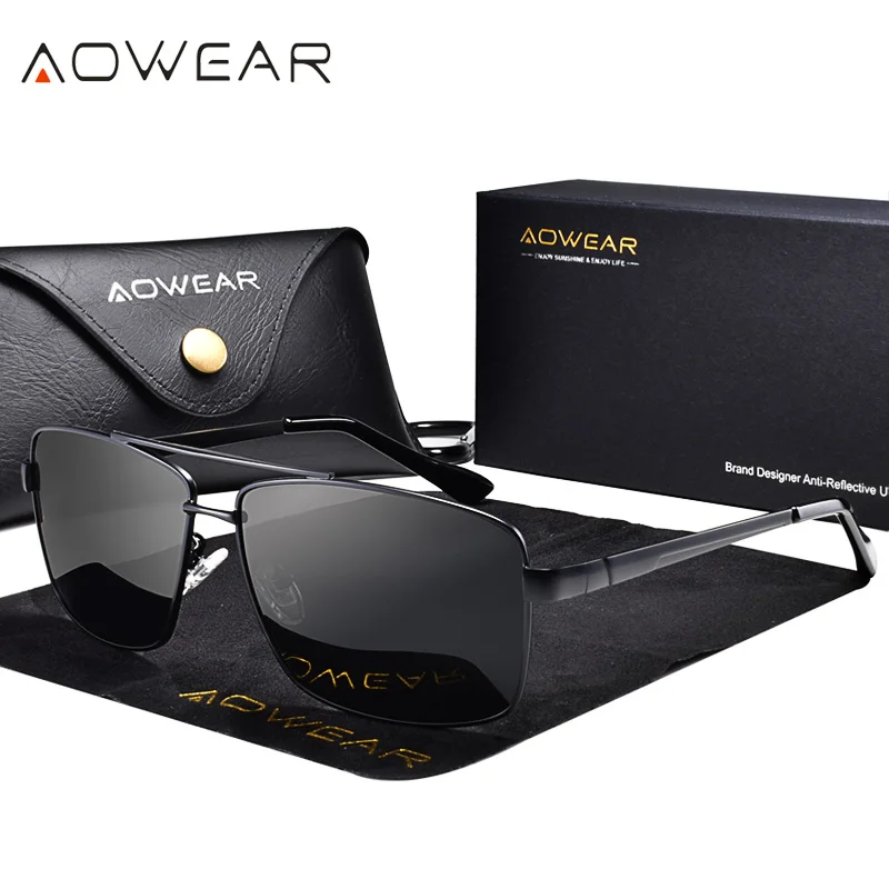 AOWEAR металлические квадратные поляризованные солнцезащитные очки мужские очки с зеркальными линзами мужские ретро очки UV400 очки для вождения мужские очки - Цвет линз: Black