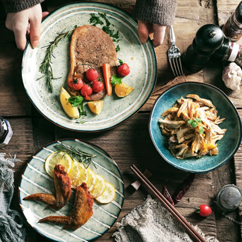 

Plate Tableware Home Japanese Creative Ceramic Bowl Tableware Retro Nordic Steak Plate Snack Plate Personalized High-End Dish