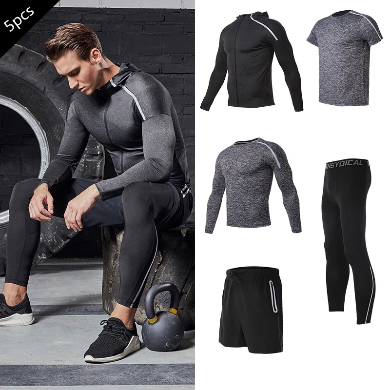 Vansydical Мужская для спортзала спортивный костюм 5 шт. мужские фитнес шорты для бега компрессионные колготки спортивная одежда светоотражающий спортивный костюм