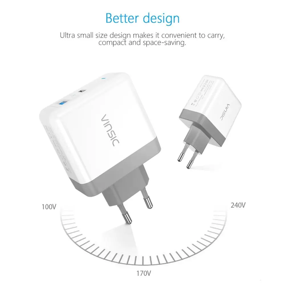 Vinsic 2-портовое USB C type C настенное зарядное устройство с мощностью 18 Вт и мощностью 12 Вт IQ, порт питания PD 2, светодиодный индикатор для iPhone, iPad