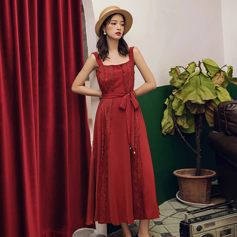 

Long Rusty Red Women Slip Dress Summer 2020 Runway Elegant Vintage Party Dress Backless Korean Retro Beach Vacation Sun Dress