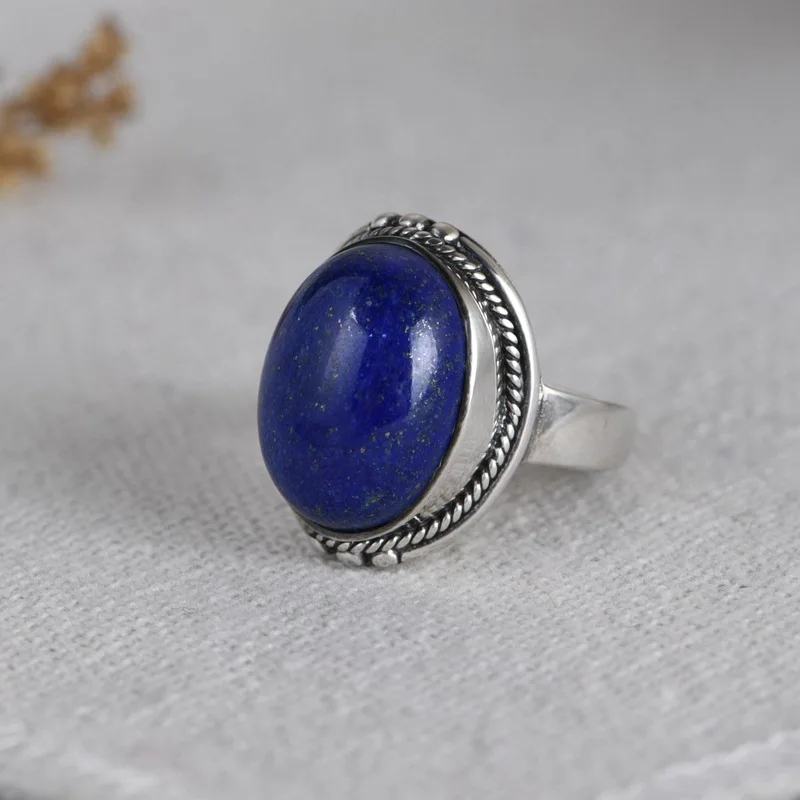 

FNJ 925 Silver Ring for Women Jewelry 100% Original Pure S925 Sterling Silver Rings Lapis Lazuli Natural Blue Stone