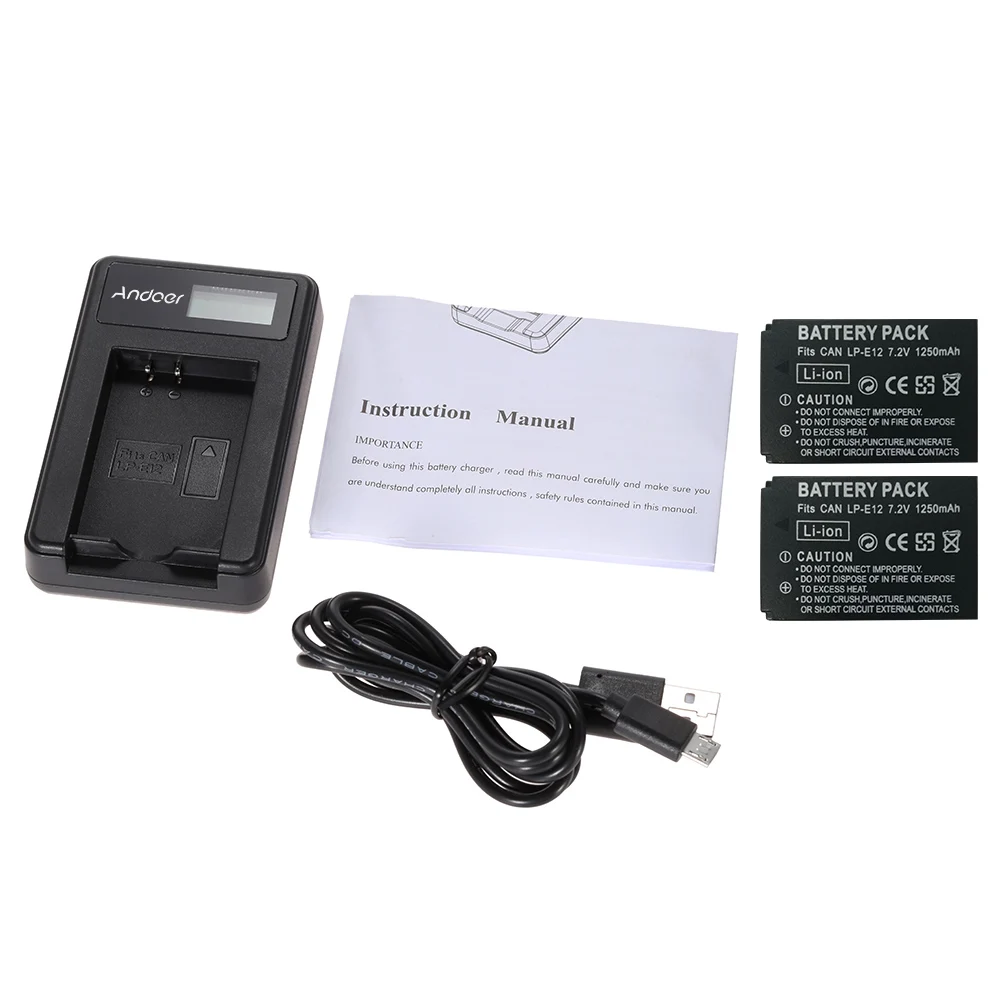 Andoer LP-E12 2 шт 7,4 V 1200mAh литий-ионная аккумуляторная батарея с ЖК-зарядным устройством USB для Canon