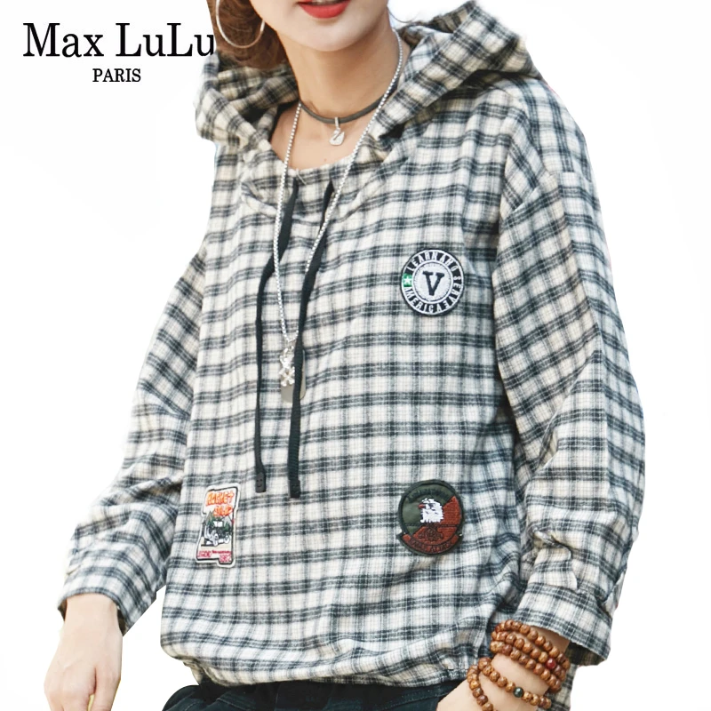Max LuLu, Европейская мода, женские топы в стиле панк, Женская Весенняя Свободная рубашка с капюшоном, повседневные клетчатые Блузы для фитнеса размера плюс