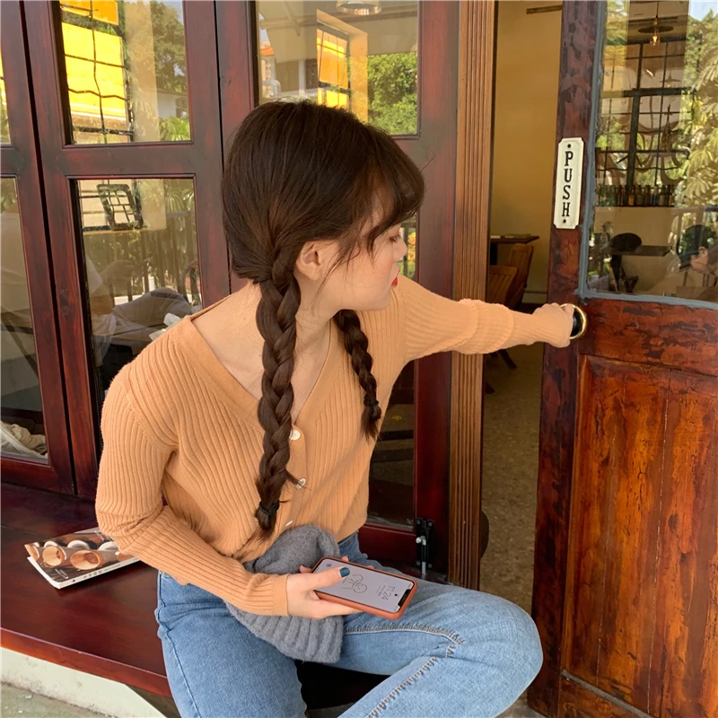 Women's Simple V-neck Cardigan Sweater New Autumn Korean Wild Cardigan Short Long-sleeved Sweater Students Coat Tide ML128