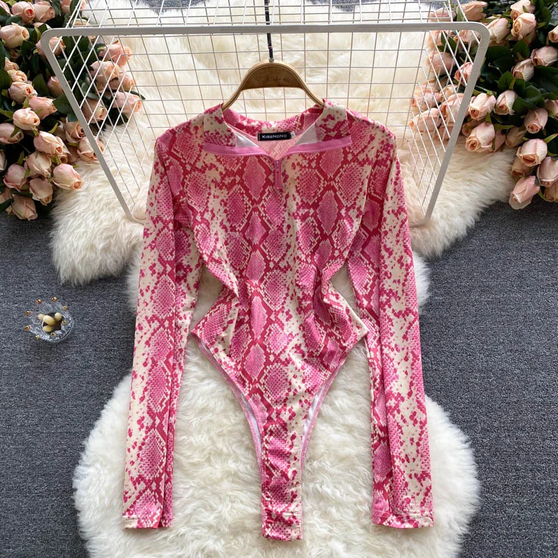 Women Design Snake Print Rompers Stand Collar Long Sleeve Slim Jumpsuits 2021 Summer Retro Fashion Streetwear Bodysuit |