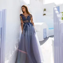 Мода на заказ/голубого цвета элегантная аппликация с длинными рукавами открытая спина Тюль Кружева А-силуэт платья для выпускного вечера