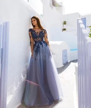 

Fashion Custom Made Blue Elegant Applique Long Sleeves Open Back Tulle Lace A-line Prom Dresses