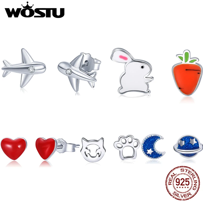 

WOSTU Real 100% 925 Sterling Silver Tiny Carrot Rabbit Animal Stud Earrings for Women Silver Cartoon Party Fine Jewelry DZE154