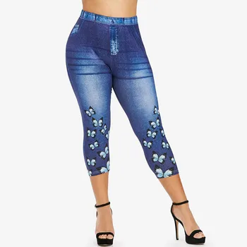 

Jeans Woman Solid Vintage High Waist Plus Size 3d Denim Butterfly Print Womens Elastic Waist Leggings Jeggings Pants Trousers