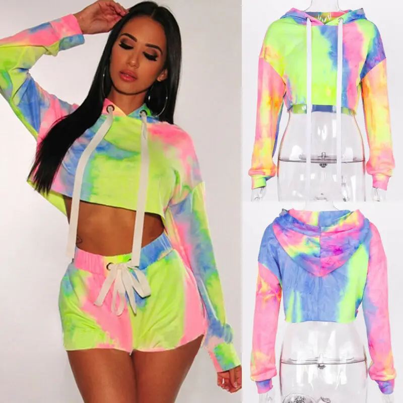

hirigin Ladies Crop Hoodie Women Pull Over Tie dye Casual Short Hooded Sweatshirt Long Sleeve Basic Classic Tops