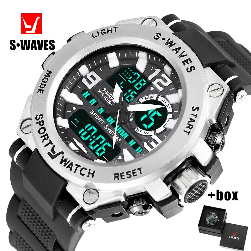 SWAVES мужские часы цифровые аналоговые водонепроницаемые два времени военный