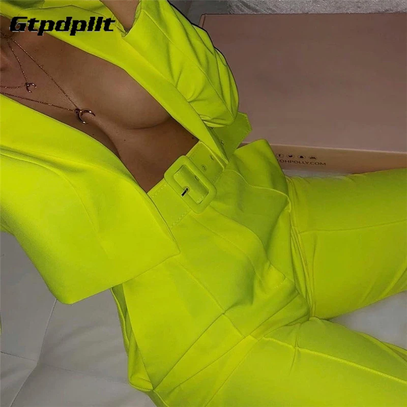 

Gtpdpllt Neon Fashion Women's Suit Slim Sashes Cropped Blazer And Pants Outfits Casual Autumn 2019 Ladies Suits Set 2 Pieces New