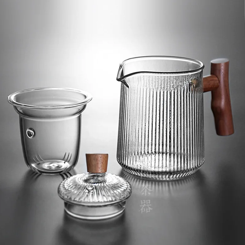 HMLOVE Heat Resistant Glass Stripe Teapot Wood Handle Chinese Kung Fu Tea Set Ceremony Household High Boron Silicon Teawear Cups