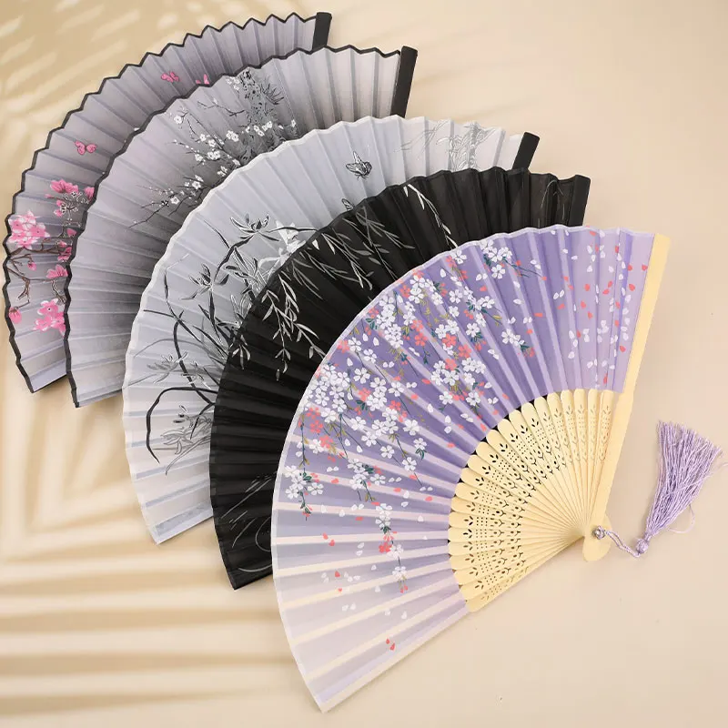 Chinese Japanese Folding Fan Wooden Shank Classical Dance High Quality Tassel Elegent Female | Дом и сад