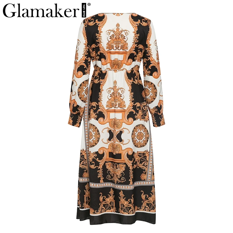 Glamaker винтажное барокко печати длинное обтягивающее платье ретро широкий подол длинное вечернее платье женское Платье макси с длинным рукавом vestidos de fiesta