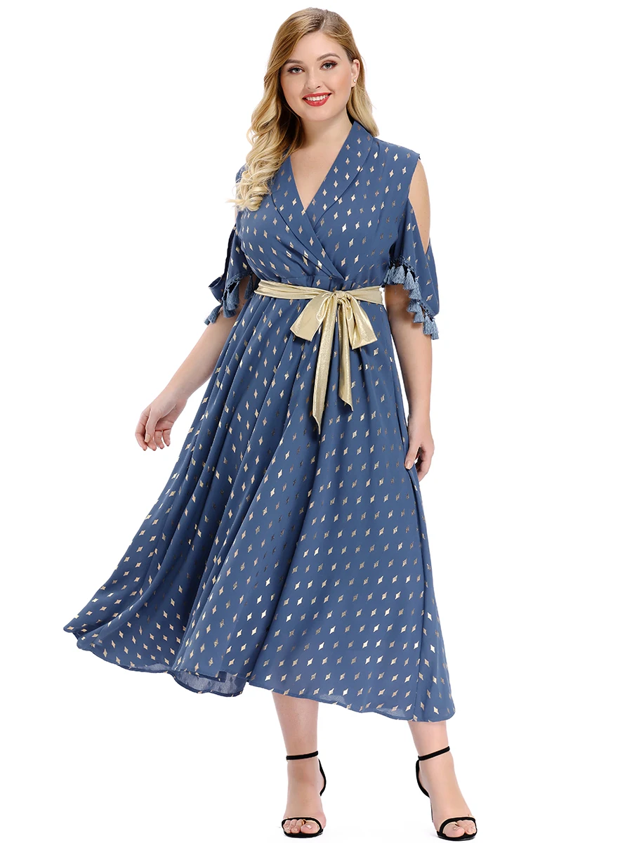 

TOLEEN 2020 Spring Fashion Women Plus Size Elegant Stitching Short Sleeve Shining Star Blue Sashes Maxi Party Dress