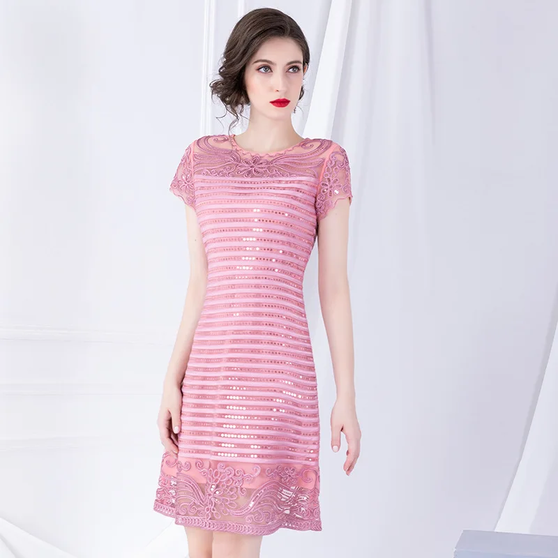 

Изысканное женское платье с вышивкой блестками, с коротким рукавом, отстрочка, платья, Ранняя осень, новинка, 2023 г.