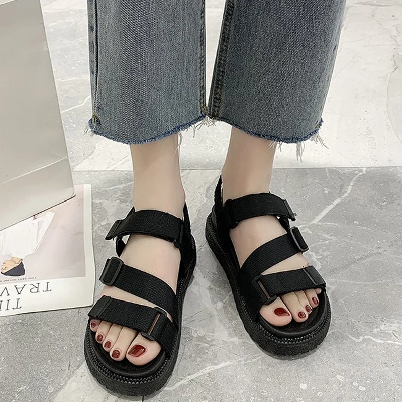 Harajuku wind/черные сандалии han edition joker Velcro Модные женские в римском стиле Сезон лето