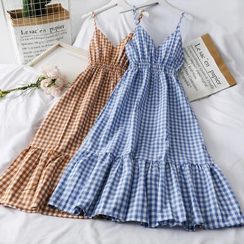 

Women Pleated A-Line Dress Ladies V-Neck Spaghetti strap High Waist Dress Fashion Female Sleeveless Mid-Calf Summer Ruffles Dres