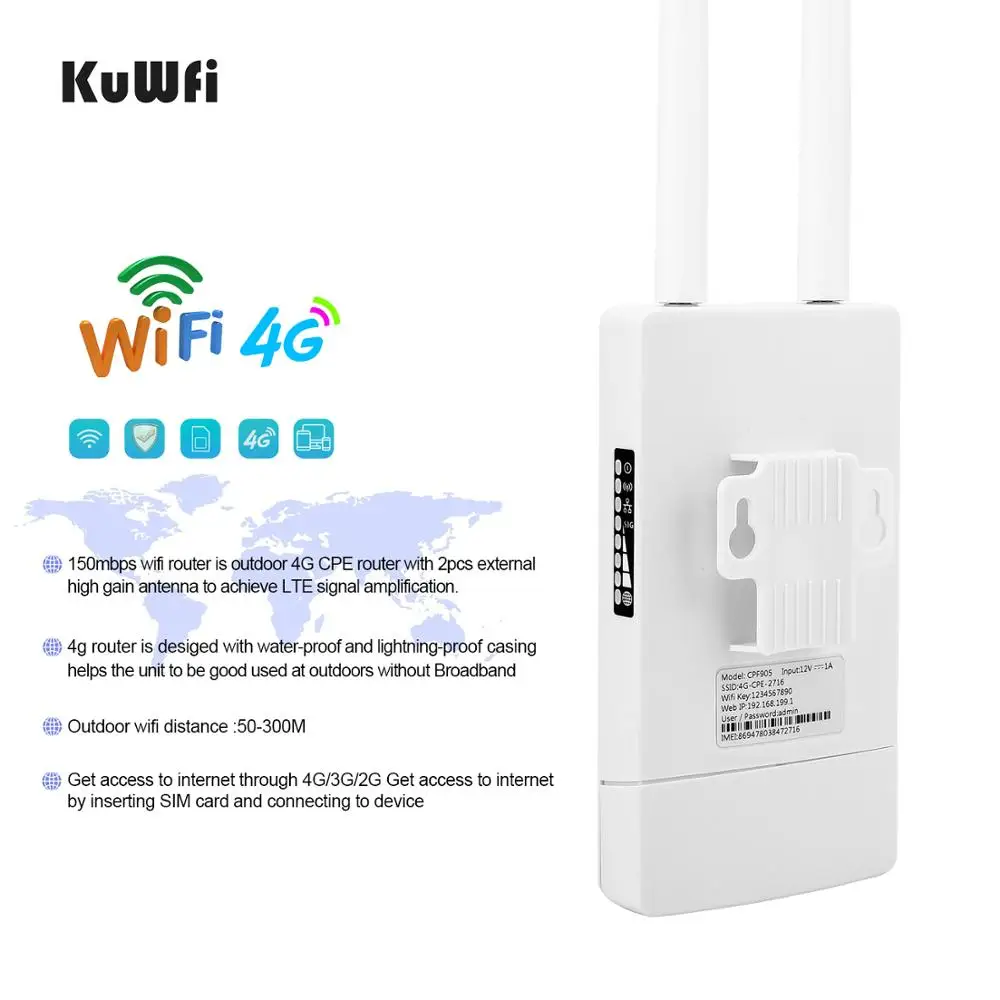 KuWFi Открытый маршрутизатор с широким покрытием 150 Мбит / 4G LTE маршрутизаторы