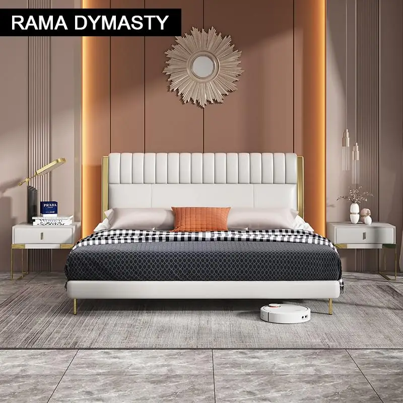 RAMA DYMASTY genuine leather soft bed modern design bed/ fashion king/queen size bedroom furniture