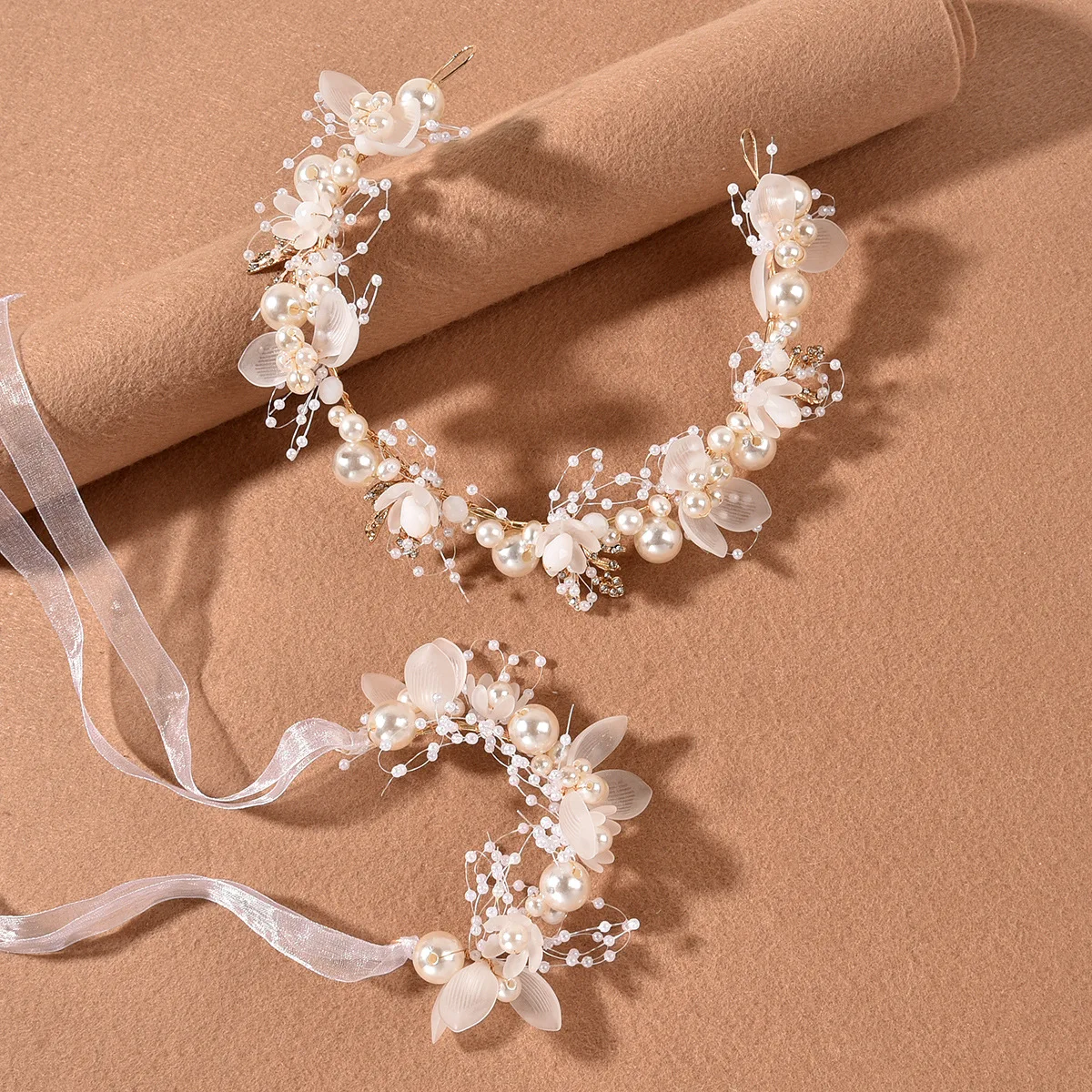 Flower Wedding Headband Bride Hair Jewelry for Women With Ribbon Pearl Hair Vines Flower Headpiece Girls Elegant Party Headdress