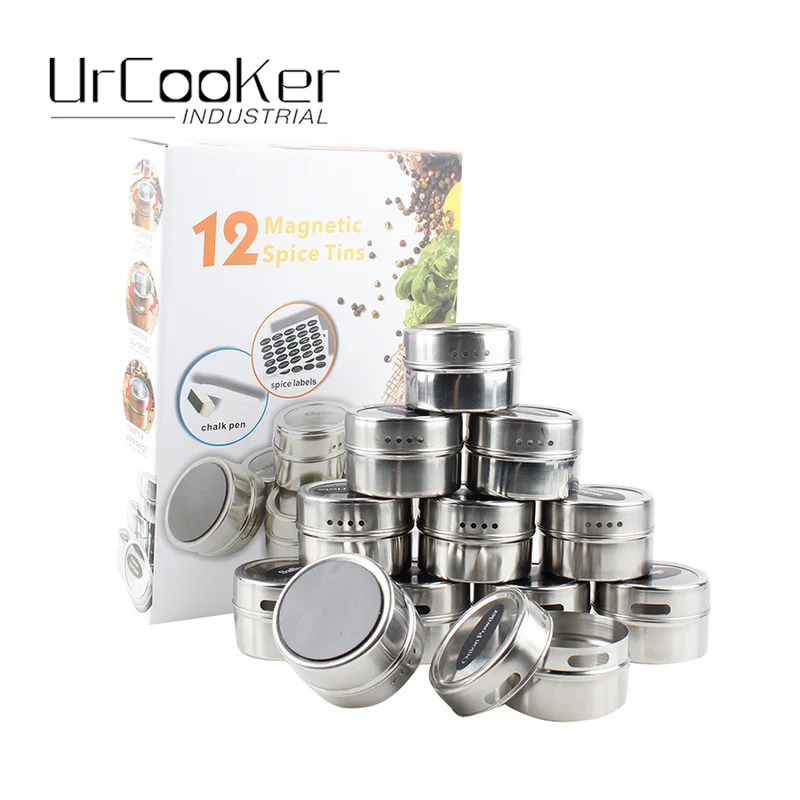 

12pcs/Set High Quality Useful Spice Stainless Steel Magnetic Cruet Set for Spice Contains Pens and Stickers Kitchen Tools