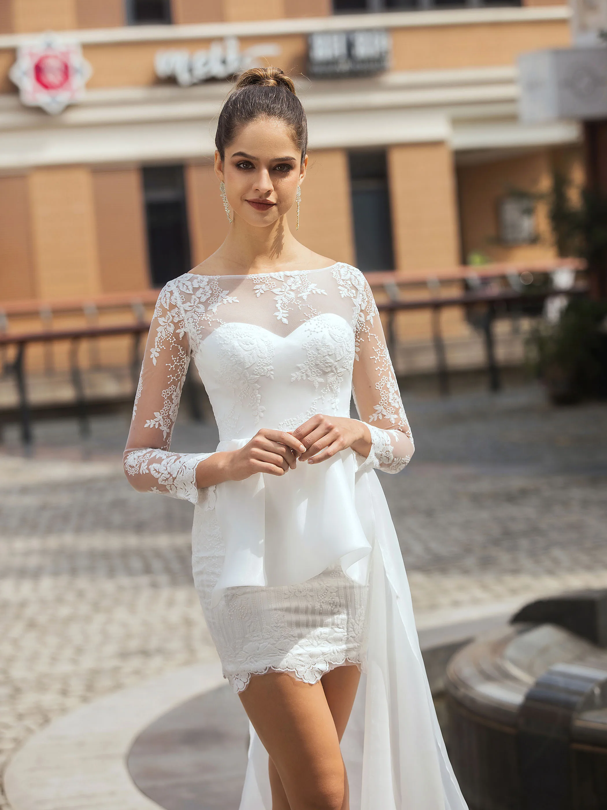 Dressv свадебное платье с вырезом лодочкой и длинными рукавами, кружевное платье-футляр из органзы и сатина, уличное и церковное пляжное свадебное платье, размер на заказ, пуговица
