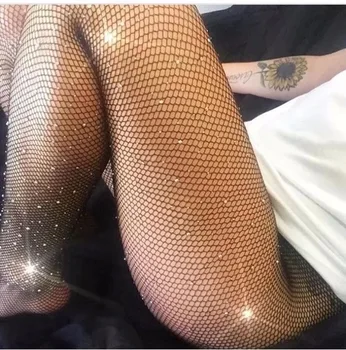 

New Lady Fishnet Tights Mesh Pantyhose Rhinestone Nylons Womens Stockings Shiny Pantyhose Collant Hosiery Sexy Diamond Fish Net