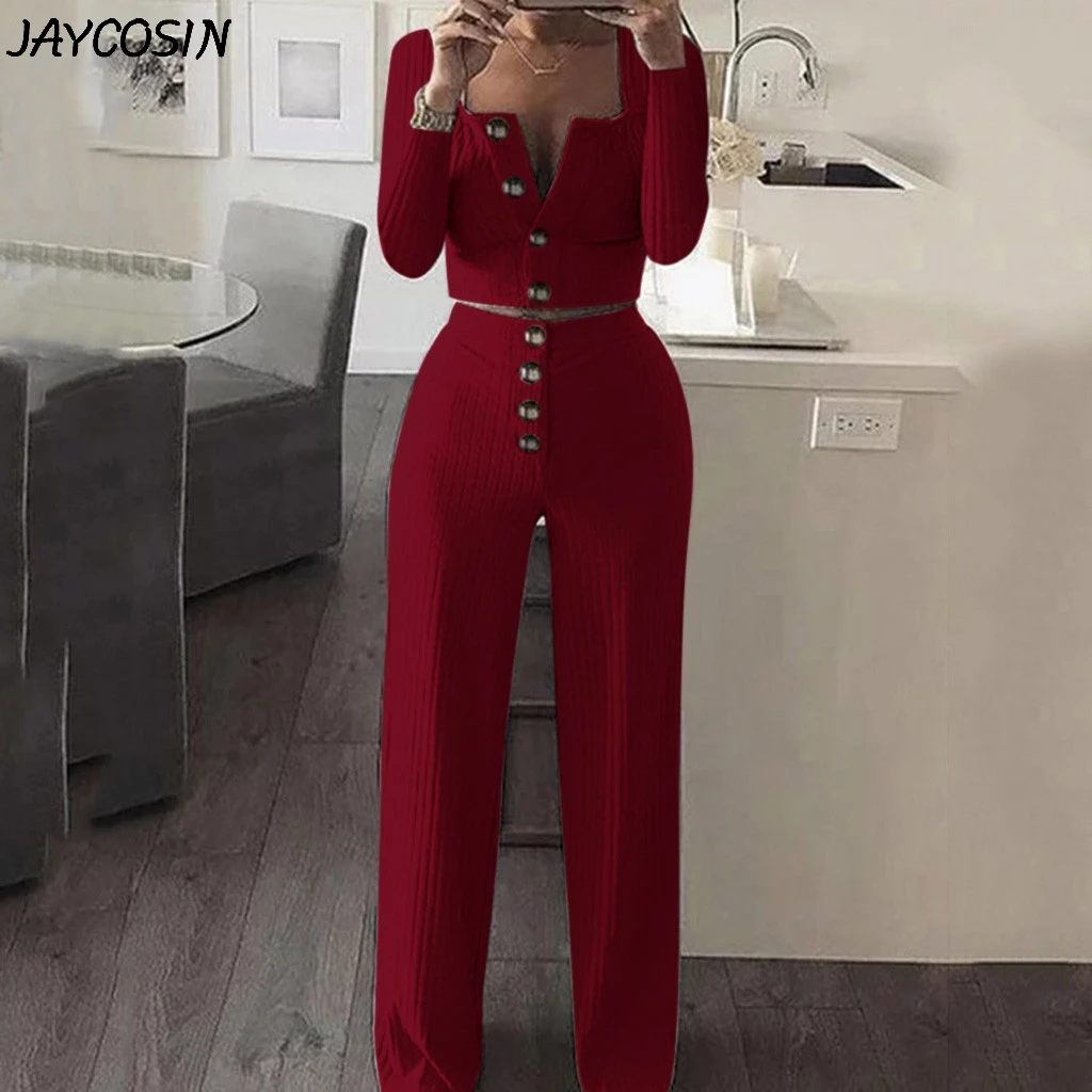 JAYCOSIN женский спортивный костюм на пуговицах, квадратный воротник, длинный рукав, тонкий кардиган, топы, длинные штаны, комплект из 2 предметов, Модный женский костюм