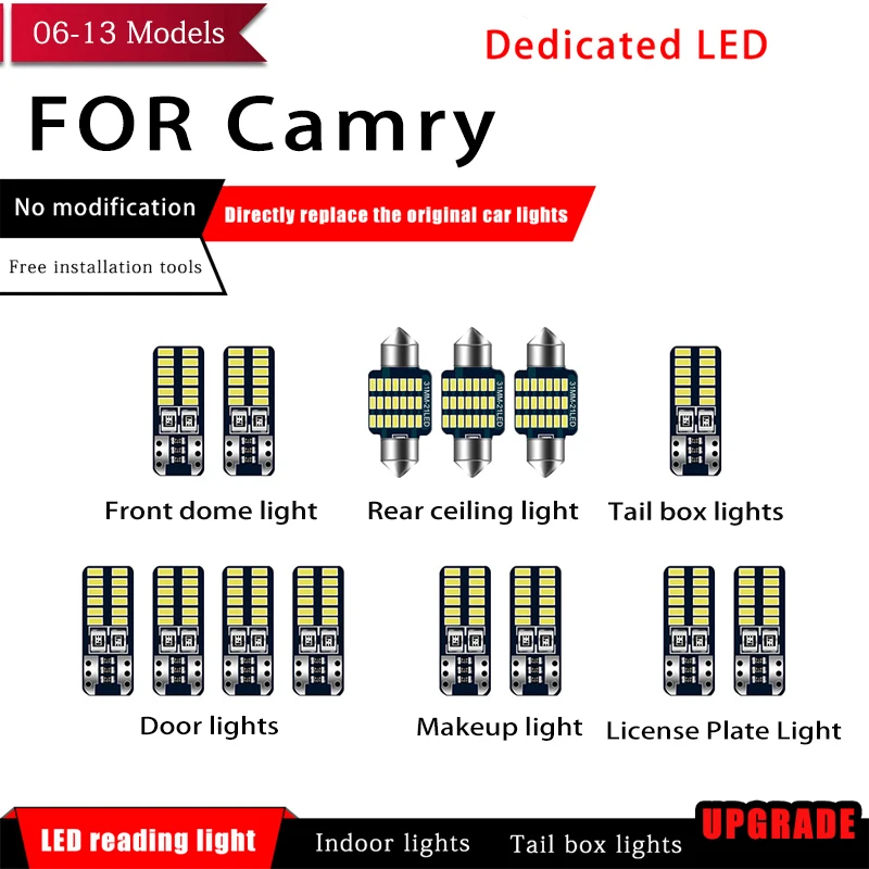

14 Pcs Car White Interior LED Light Bulbs Package 31mm 12V For Toyota Camry 2006-2013 Auto Map Dome License Lamp Light Styling