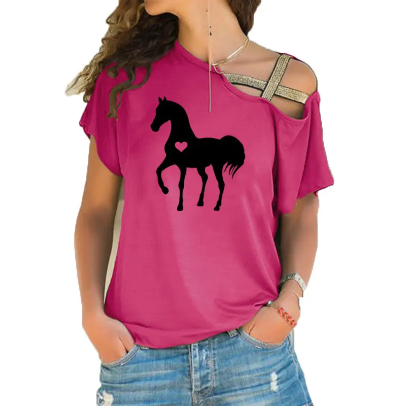 Футболка с изображением лошади в виде сердца; футболка с изображением лошади; подарок для влюбленных в лошадь; подарки для конного спорта; одежда для дня рождения; необычные футболки с перекрестной повязкой - Цвет: 17