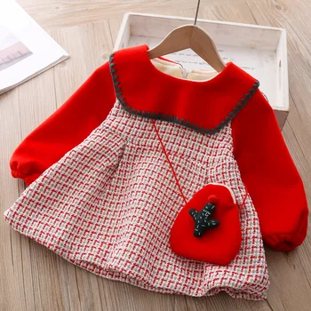 

Baby girl clothes new splicing dress girl plaid print sweet and cute long-sleeved dress baby girl dress skirt (free satchel)