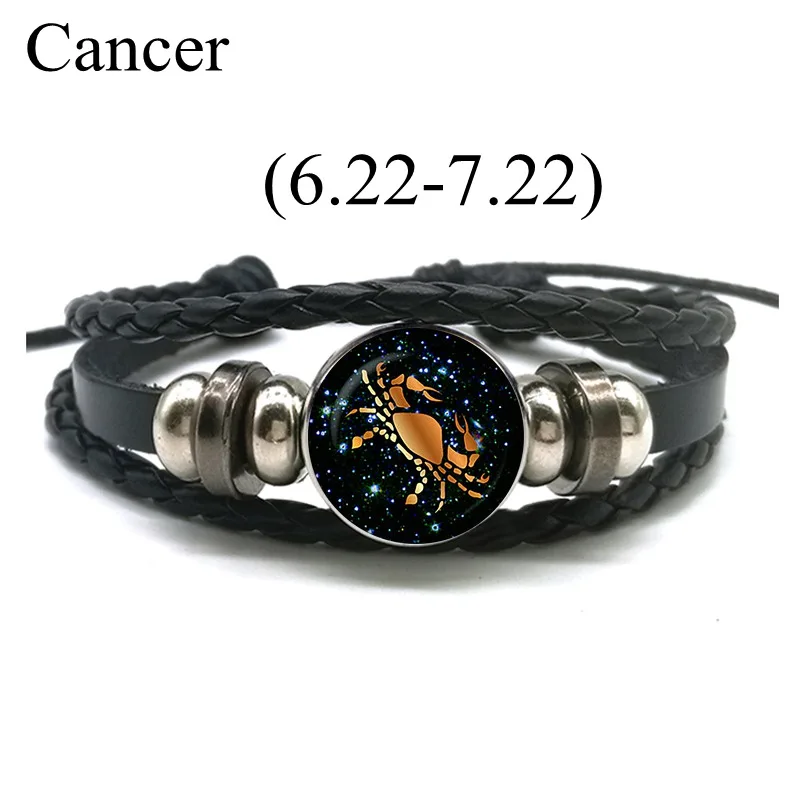 12 знаков зодиака кожаный браслет для мужчин женщин Virgo Libra Скорпион Овен, Телец браслеты из заплетенной кожи подарок на день рождения оптом - Окраска металла: Cancer