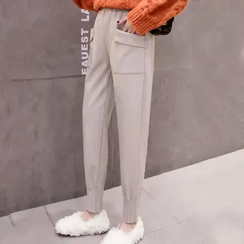 

Casual Women Winter Woolen High Waist Pockets Elastic Waistband Straight Pants