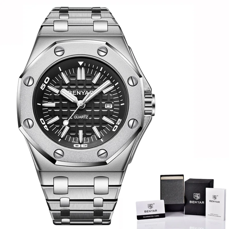 Steel Silver Black Новинка, BENYAR, Топ бренд, Роскошные мужские часы, модные, повседневные, водонепроницаемые, мужские кварцевые часы, мужские спортивные наручные часы, Relogio Masculino - Цвет: Steel Silver Black