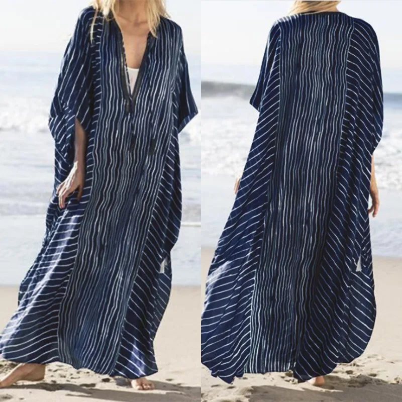 

ZANZEA 2019 Striped Maxi Dress Women's Sundress Half Batwing Sleeve Vestidos Female V Neck Split Summer Holiday Robe Plus Size