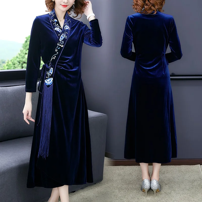 Велюровое вечернее платье, длинное, современное, китайское, Cheongsam Qipao, женское, вышивка, кисточки, длинный рукав, элегантное, китайское платье, TA2121