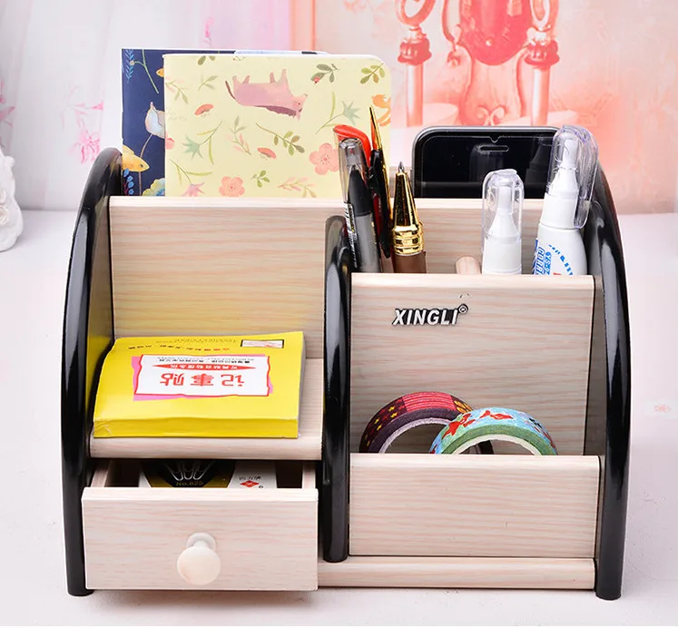

Multi-function 4 Grid Desktop Pen Holder Office School Stationery Storage Case Wood Box Desk Pen Pencil Organizer Phone Holder
