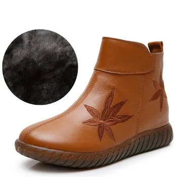 

Top Cowhide Embroidered Autumn Boots Women Shoes Boots Soft Comfort Leather Shoes Winter Flat Boots Plus Size Warm Snow Boots