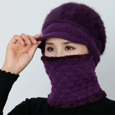 Зимняя Круглая Шапочка без полей Skullies вязаные шапочки зимние, шапки для женщин девушки шерсть шапочки с шарфами Балаклава маска Knitted шапка вязаная мама шапка - Цвет: Dark purple