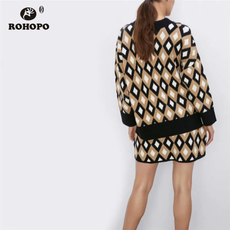 ROHOPO Высокая талия Argyle Добби винтажная трикотажная Мини-юбка с расклешённым низом эластичность хаки черный Сращивание шик осень Falda#9666