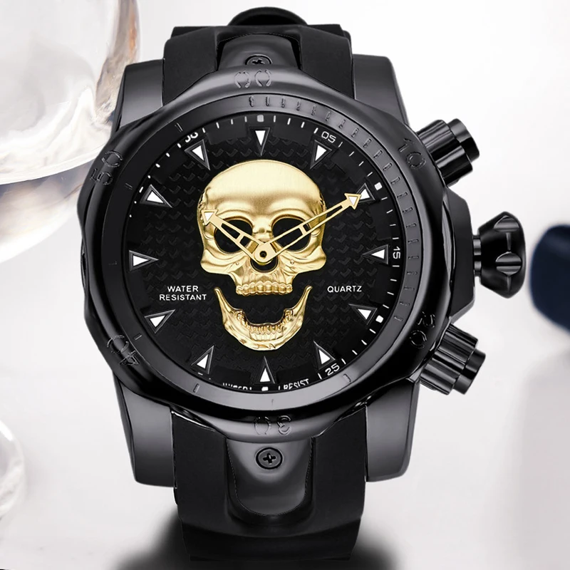 

3D Skull Silicone Strap Clock Cool Personality Gold Large Dial Quartz Watch Military Party Casual Waterproof Watch Mens Watch