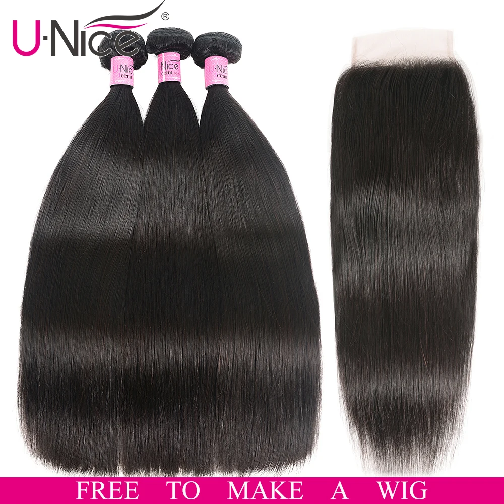 

UNICE Hair Brazilian Straight Bundles With Closure 4*4 Lace Closure Brazilian Hair Weave Bundles With Closure Human Remy Hair